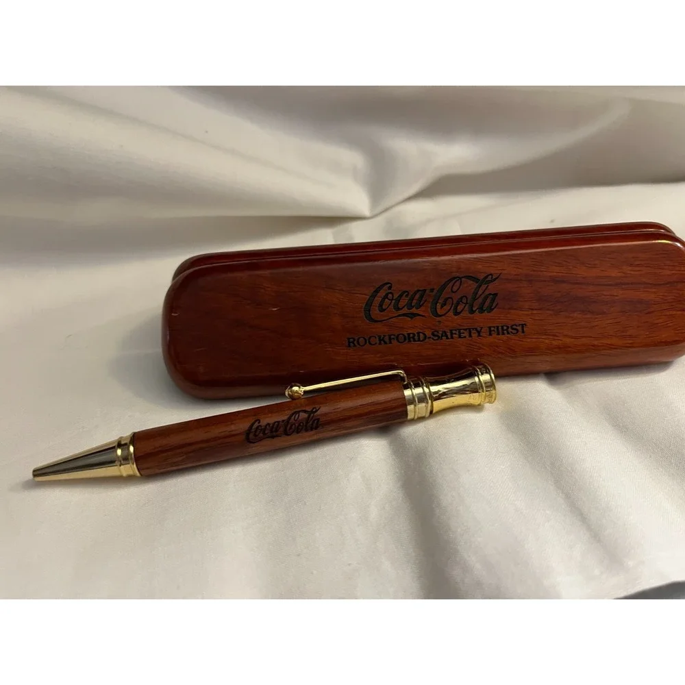 Vintage Coca Cola engraved wooden pen in wooden case-Rockford Safety First